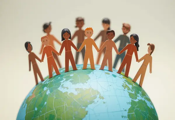 Diverse paper figures holding hands on a globe, symbolizing global unity.